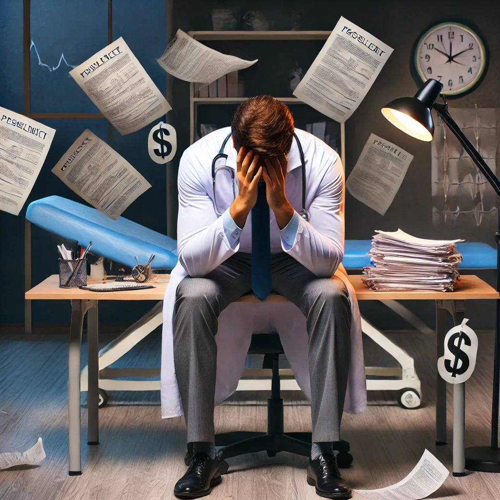 DALL·E 2025 03 07 11.03.42 A male physiotherapist in his clinic wearing a professional uniform without a stethoscope. He sits at his desk with his head in his hands looking Miserve.info