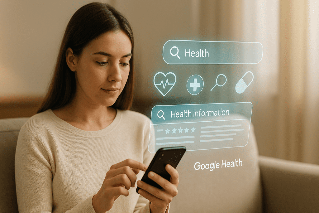 Paziente digitale che cerca informazioni sanitarie online con Google Health tramite smartphone