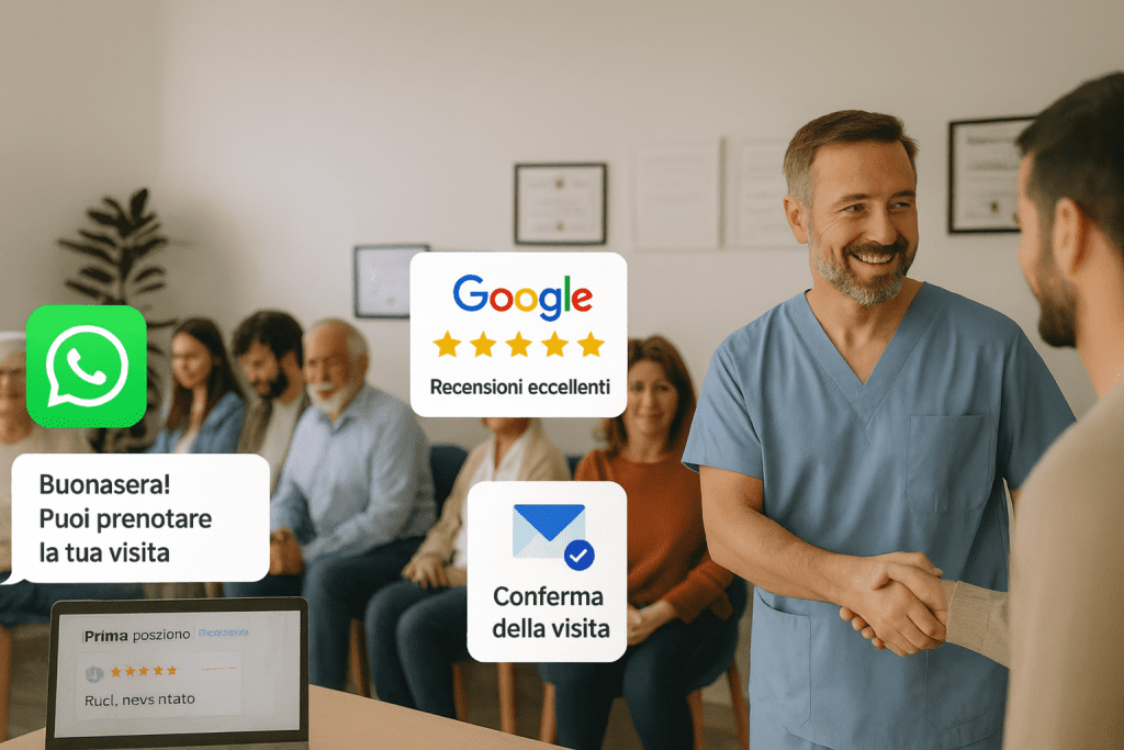 professionista che accoglie un paziente mentre la sala d’attesa è piena, con overlay digitali di WhatsApp, Google recensioni e conferma email.