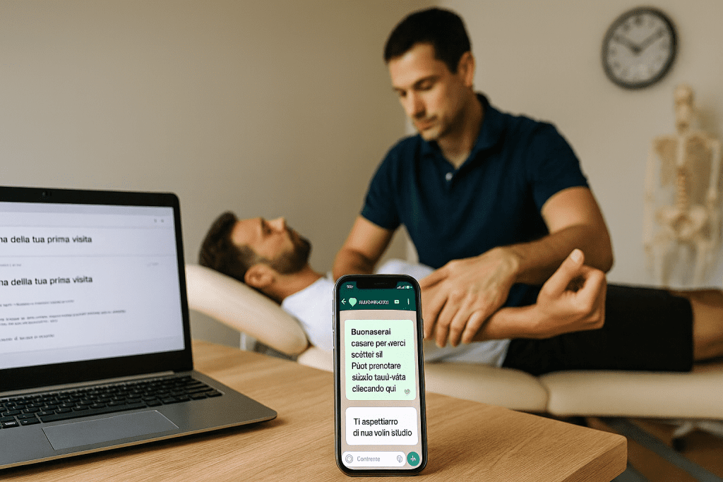 Fisioterapista che tratta un paziente mentre smartphone e laptop gestiscono automaticamente prenotazioni e conferme via WhatsApp ed email.