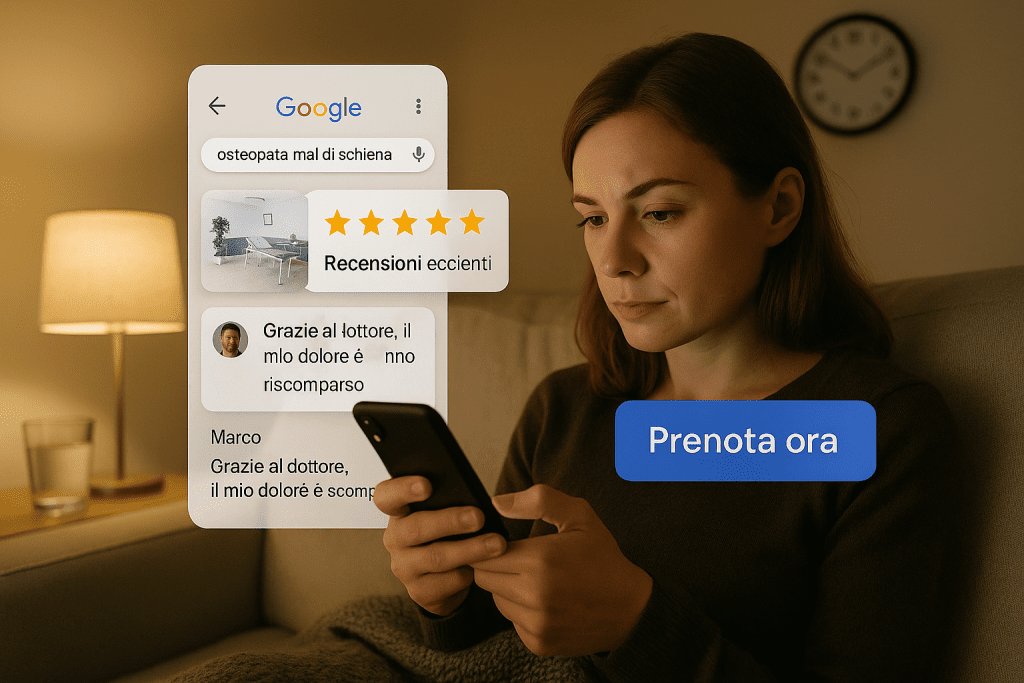 Paziente digitale che cerca un osteopata online alle 23:00 dal divano, leggendo recensioni a 5 stelle e valutando se prenotare.