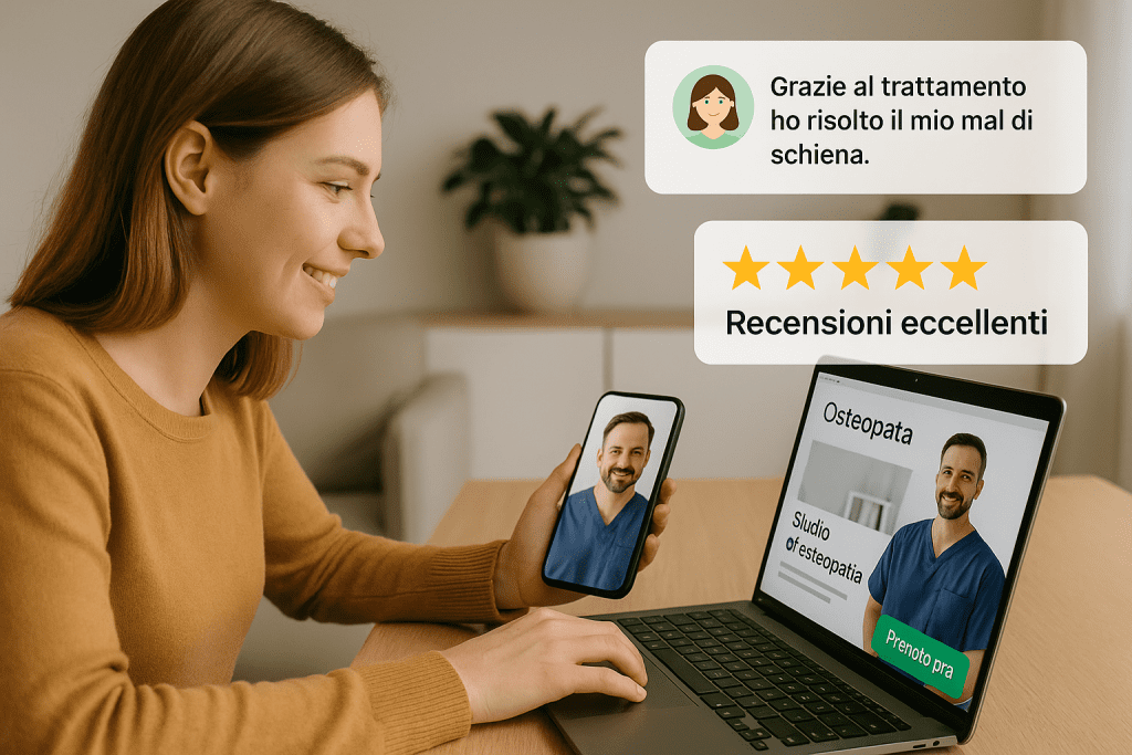 Paziente digitale che cerca un osteopata online, leggendo recensioni positive e testimonianze prima di prenotare