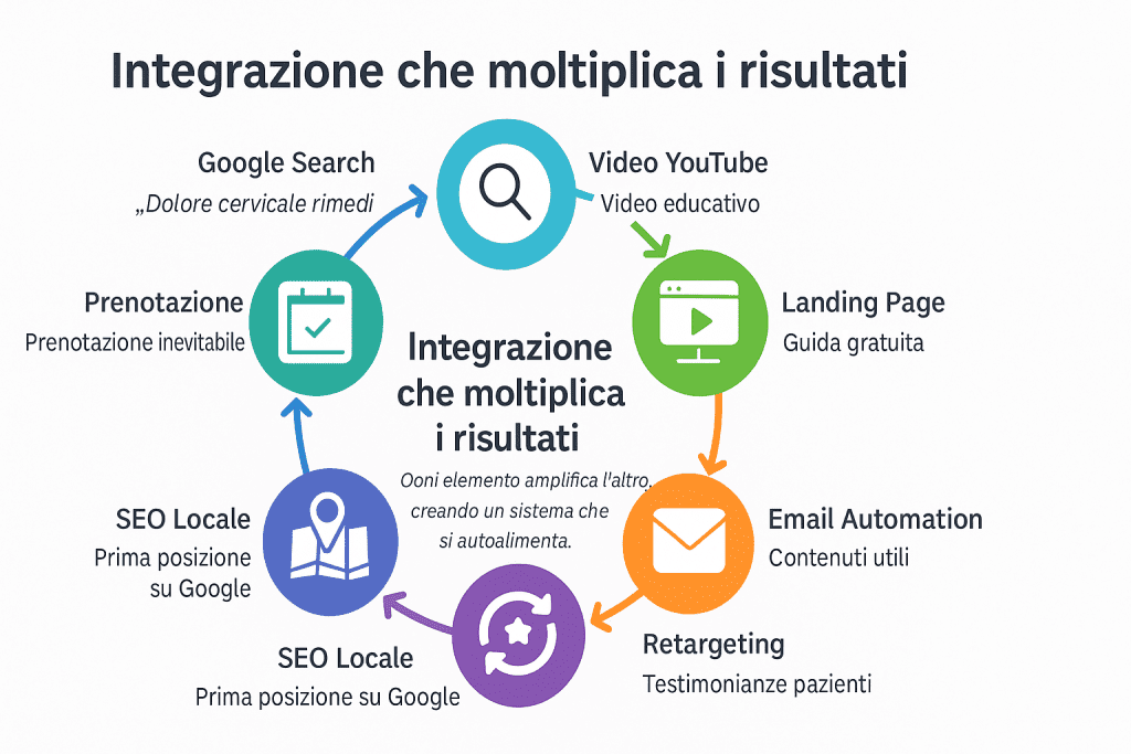 Infografica che mostra il ciclo integrato di marketing sanitario: ricerca su Google, video YouTube, landing page, email automation, retargeting, SEO locale e prenotazione finale.
